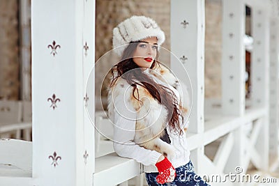 Beautiful brunette girl with red lips in a fur vest and hat Stock Photo