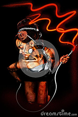 Beautiful Cyborg Woman with Electrical Cord Stock Photo