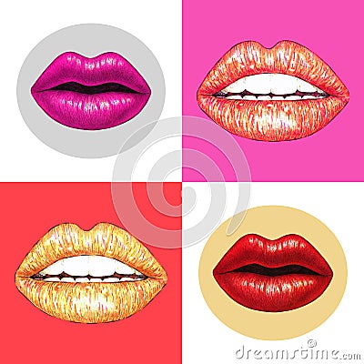 Beautiful lips with white teeth on a pink background. Female lips drawing. Handwork. Seamless pattern for design Stock Photo