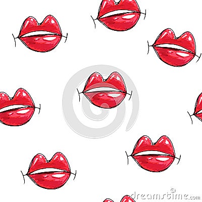 Beautiful lips with white teeth on a white background. Female red lips drawing. Handwork. Seamless pattern for design Stock Photo