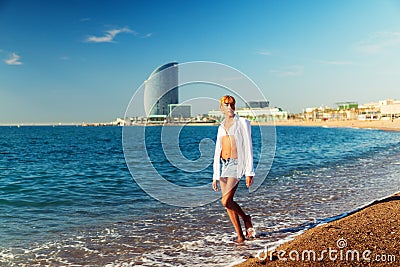 Beautiful sexy shemale woman posing at the beach Stock Photo