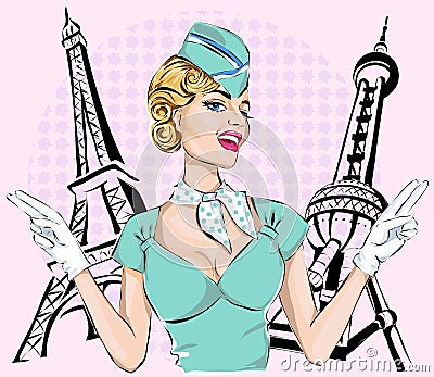 Beautiful stewardess with Eiffel Tower and Oriental Pearl background Cartoon Illustration