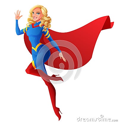 Beautiful superhero woman flying and waving hand. Vector illustration. Vector Illustration