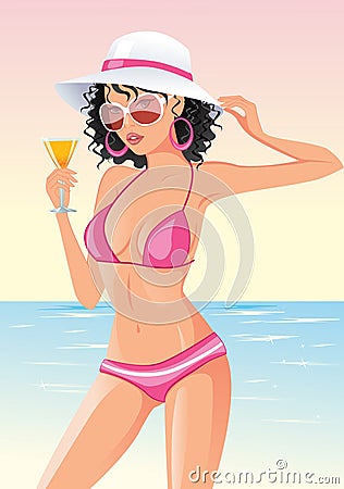 Beautiful tanned woman in hat Vector Illustration