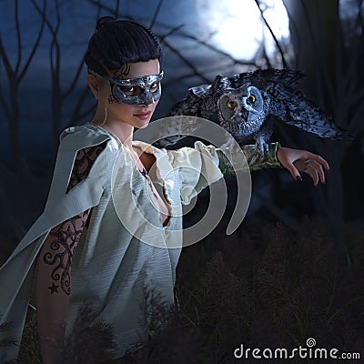 Beautiful witch in mask with owl Stock Photo