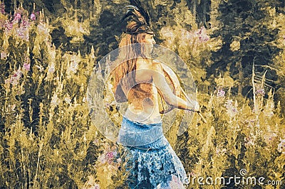 beautiful shamanic girl playing on shaman frame drum in the nature. Stock Photo