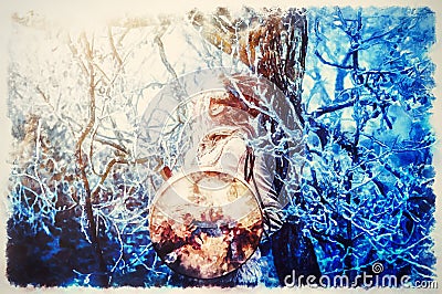 beautiful shamanic girl playing on shaman frame drum in the nature. Painting effect. Stock Photo