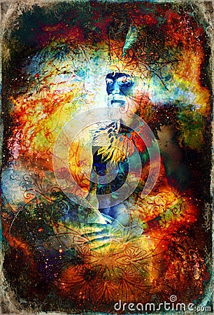 Beautiful shamanic man with headband and necklace on abstract structured space background. Stock Photo