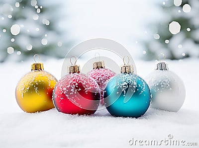 Beautiful shiny round multicolored Christmas balls on a white snow background Stock Photo