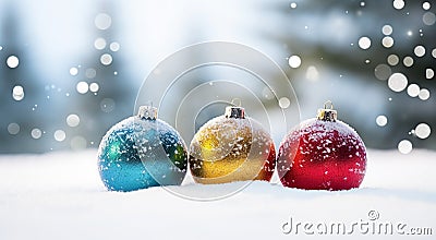 Beautiful shiny round multicolored Christmas balls on a white snow background Stock Photo