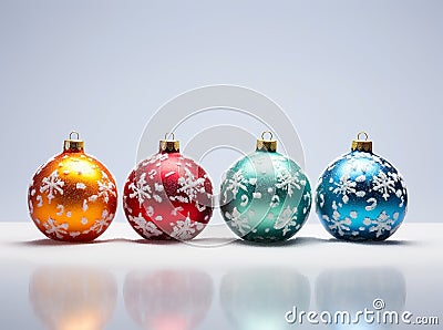 Beautiful shiny round multicolored Christmas balls on a white snow background Stock Photo