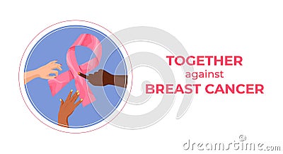 Pink ribbon in hands global breast cancer awareness Vector Illustration