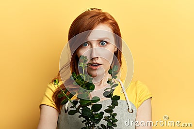 Beautiful shocked cute girl holding plant and looking at the camera Stock Photo