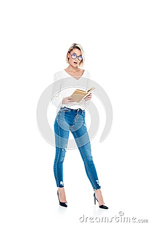 beautiful shocked stylish girl in glasses reading book, Stock Photo