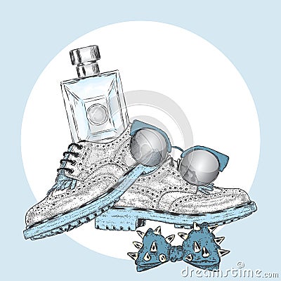 Beautiful shoes and a bottle of perfume. Vector Illustration
