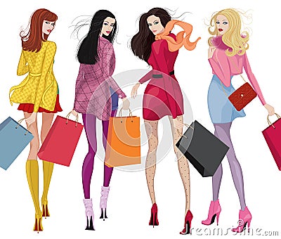 Beautiful shopping girls Vector Illustration