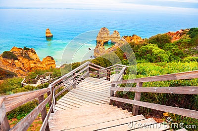 Beautiful shore of Atlantic ocean with stairs to the beach Stock Photo