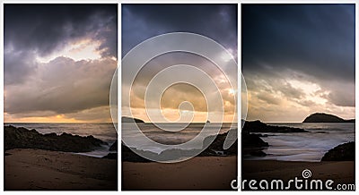 Beautiful shot of a beach and its horizon at dusk in three frames Stock Photo