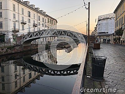 Beautiful shot of the bridge in the canal of temakinho navigli in milan italy Editorial Stock Photo