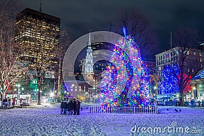 Beautiful shot of the Christmas tree in Boston at night Editorial Stock Photo
