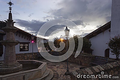 Beautiful shot of colombian colonial town with waterfont square Editorial Stock Photo