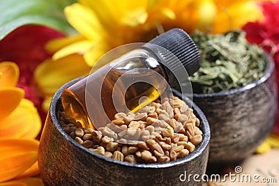 Fenugreek seeds and oil Stock Photo