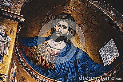 Beautiful shot of the mosaic of the Christ Pantocrator on the Cathedral of Monreale Editorial Stock Photo