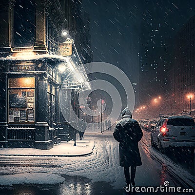 Beautiful shot of a person crossing a road during a snow storm in Chicago Stock Photo