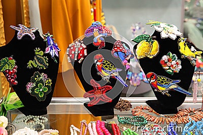 Showcase colorful costume jewellery beaded Stock Photo