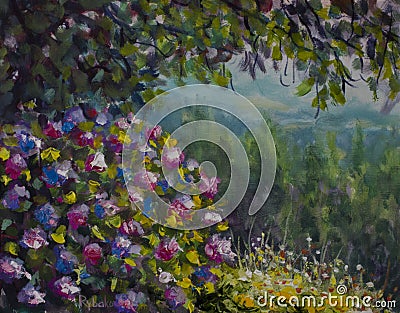 Beautiful shrub of lush colorful flowers. Green forest and mountains. Oil painting art. Stock Photo