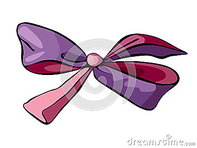 Beautiful silk bow of in violet and pink colors isolated on white background. Gift element Vector Illustration