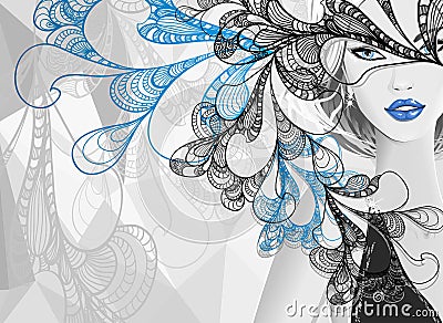 Beautiful silver girl with doodle abstract mask Vector Illustration