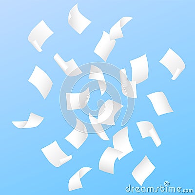 Beautiful simple vector of flying blank white papers on blue background Vector Illustration