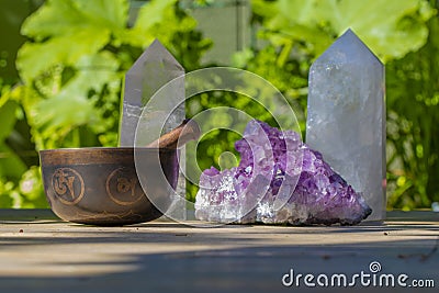 Beautiful Singing Bowl and Crystals Close Up Stock Photo