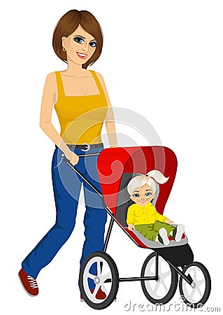 Beautiful single mather pushing stroller Vector Illustration