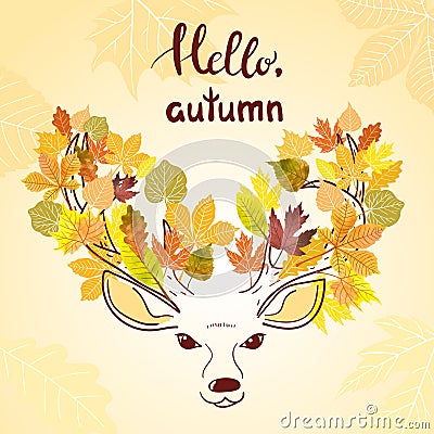 Beautiful sketch deer with autumn leaves. Vector Illustration