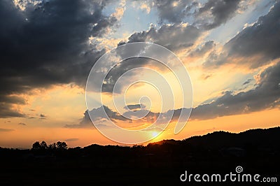 Beautiful sky sunlight, Sunrise or sunset and shines sky with clouds colorful and mountain background - Twilight cloud on sky in Stock Photo