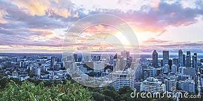 Beautiful sky and sunrise light over Montreal city in the morning time. Amazing view from Mont-Royal with colorful blue Stock Photo