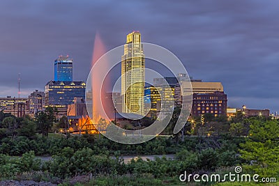 Dramatic Sunset with beautiful skyline over downtown Omaha Nebraska Stock Photo