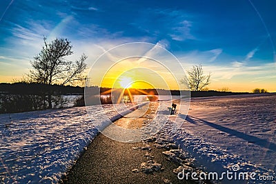 Sunset with beautiful skyline over lake Zorinsky Omaha Nebraska Stock Photo