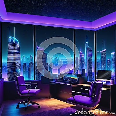 a beautiful skyline view at night from retro futuristic home office with multiple computer home Cartoon Illustration