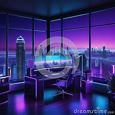 a beautiful skyline view at night from retro futuristic home office with multiple computer home Cartoon Illustration
