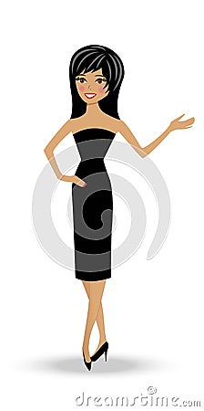 Beautiful slender woman in black dress Cartoon Illustration