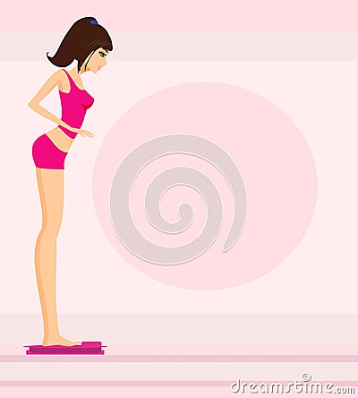 Beautiful slim brunette checking her weight on scales Vector Illustration