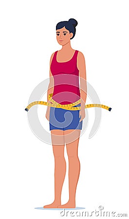 Beautiful slim woman and measuring tape. Idea of weight loss and healthy living. Beautiful female character after losing weight. Vector Illustration