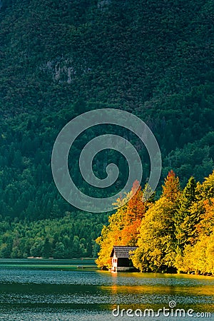 Beautiful small cottage house at Bohinj lake in Slovenia Stock Photo