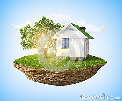 Beautiful small island with grass and tree and house levitating Stock Photo