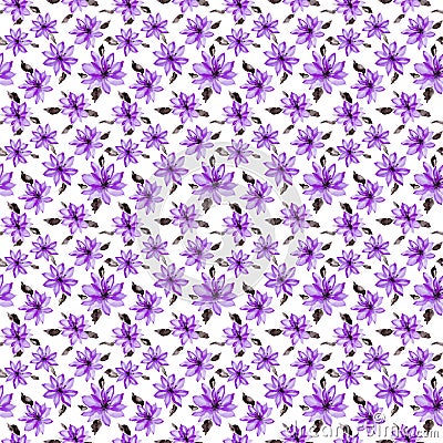 Beautiful small purple flowers with leaves on white background. Seamless floral pattern. Watercolor painting. Cartoon Illustration