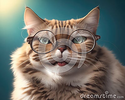 Beautiful, smart cat with glasses on a clean background, close-up Stock Photo