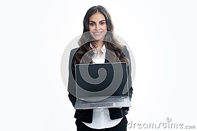 Beautiful smiling business woman over grey background using laptop computer. Woman holding laptop with empty mock up Editorial Stock Photo
